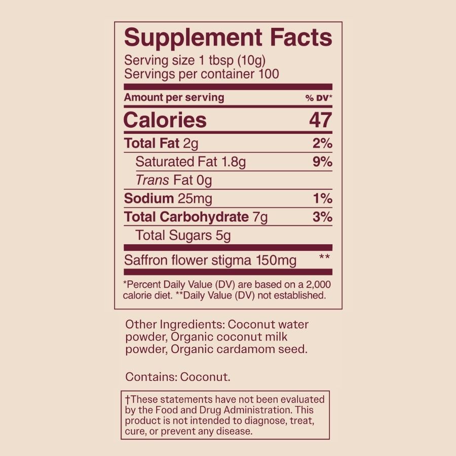 Discover the Supplement Facts label for THE FULLEST Saffron Latte 100-Day Supply—caffeine-free, with calories, fat, sodium, carbs, and ingredients listed. Includes FDA disclaimer. Enjoy saffron's mood-boosting and sleep-supportive benefits.