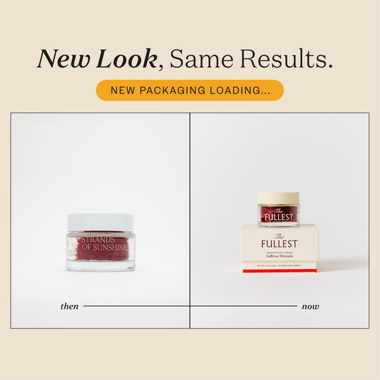 Comparison of THE FULLEST Saffron Threads packaging: a clear jar on the left labeled “then,” and a jar with a boxed base on the right labeled “now.”