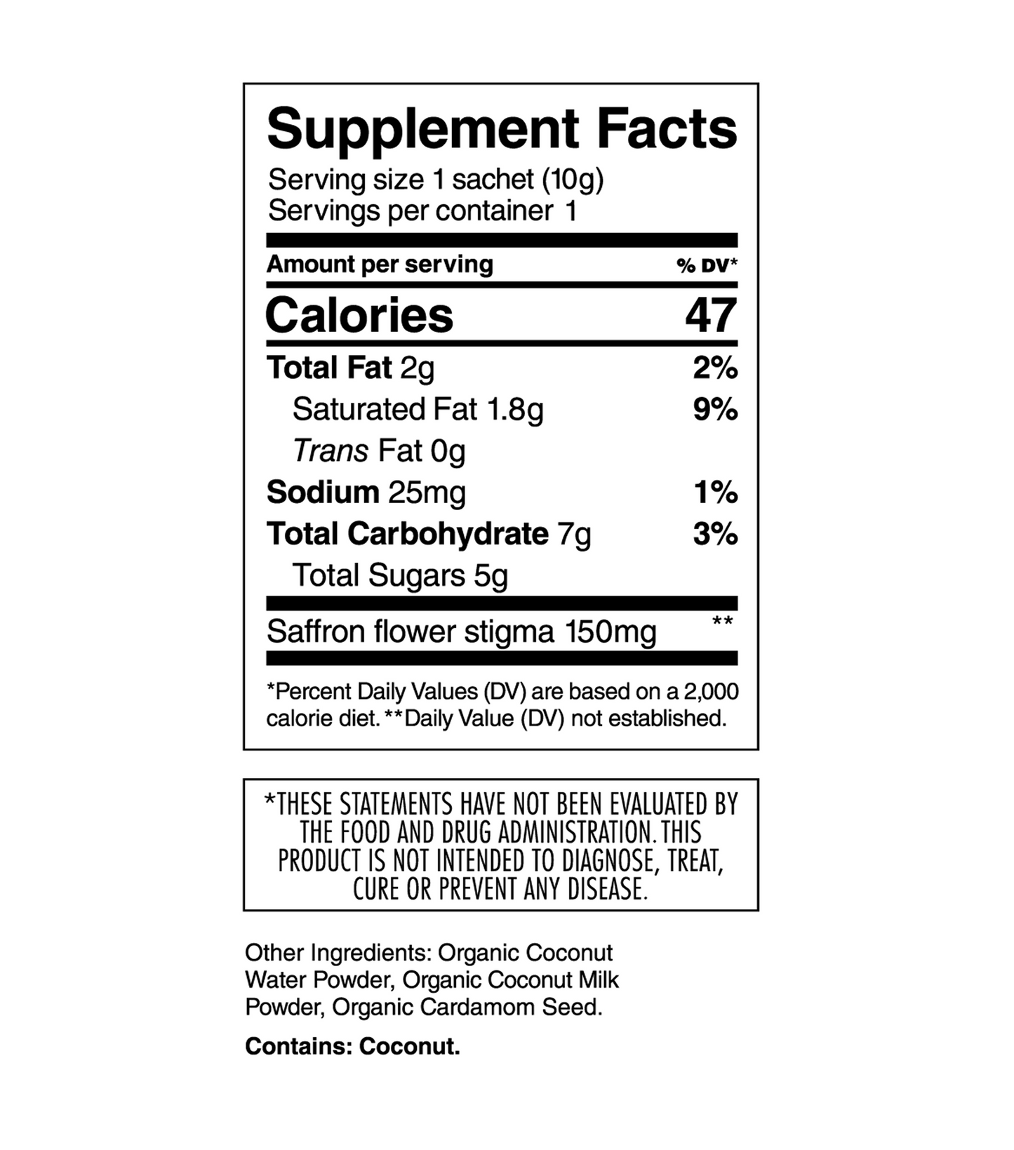 Supplement Facts label showing nutrition information per 10g sachet, including calories, fats, sodium, carbohydrates, saffron extract, ingredient list, and an FDA disclaimer.