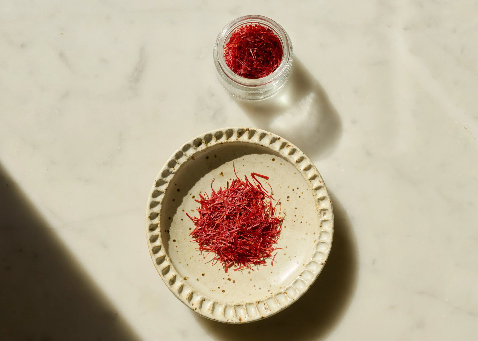 THE FULLEST saffron strands on a ceramic dish with natural lighting pouring in 