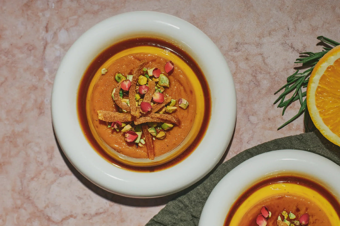 Saffron Coconut Cardamom Flan with Candied Orange Peel