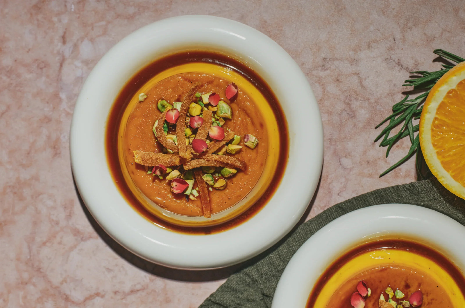 Saffron Coconut Cardamom Flan with Candied Orange Peel