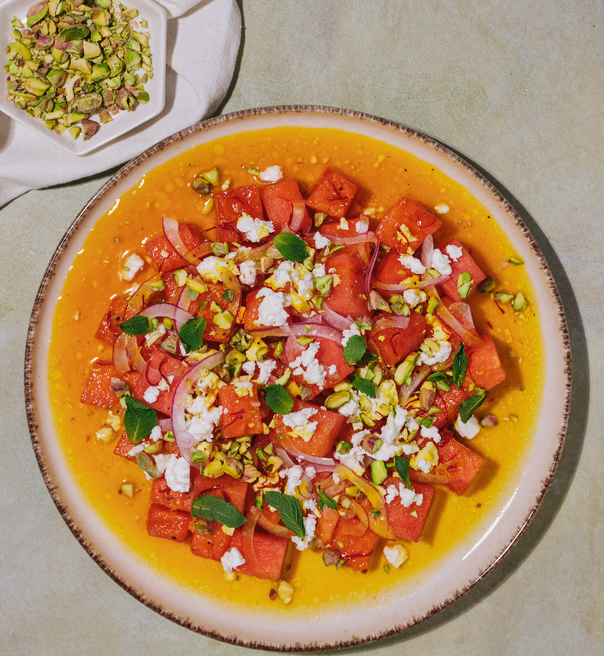 Watermelon Feta Salad with Saffron Dressing