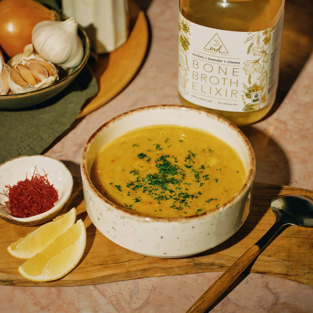Saffron Lentil Soup With Owl Venice Bone Broth