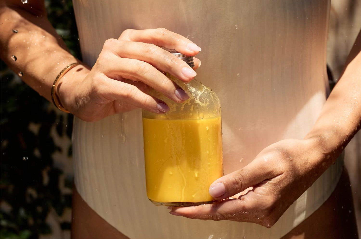 Saffron latte in a flask shot outside 