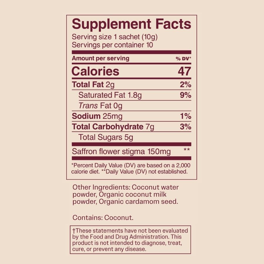 THE FULLEST Saffron Latte 10 Single-Serving Sachets offers a caffeine-free blend with 47 calories, 2g fat, 7g carbs, 5g sugar, and 150mg saffron stigma per serving. Contains coconut milk powder and cardamom for mood support.