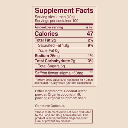 Discover the Supplement Facts label for THE FULLEST Saffron Latte 100-Day Supply—caffeine-free, with calories, fat, sodium, carbs, and ingredients listed. Includes FDA disclaimer. Enjoy saffron's mood-boosting and sleep-supportive benefits.
