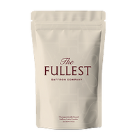 A beige resealable pouch labeled "The Fullest Saffron Company" stands upright against a plain background.