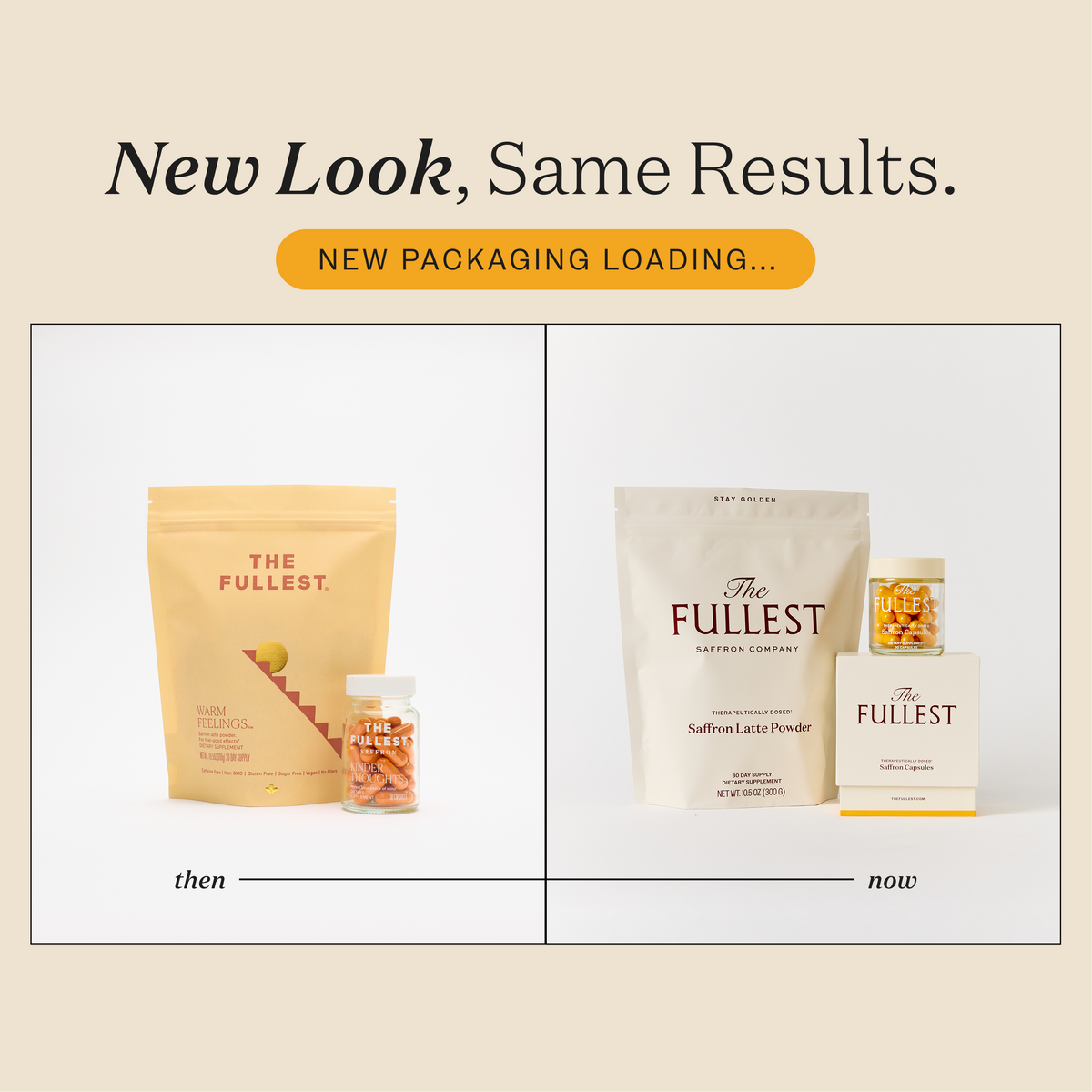 A comparison of THE FULLEST Saffron Bundle then and now, transitioning from supplement pouches and jars to saffron latte powder and saffron capsule packaging for mood support and restorative sleep.