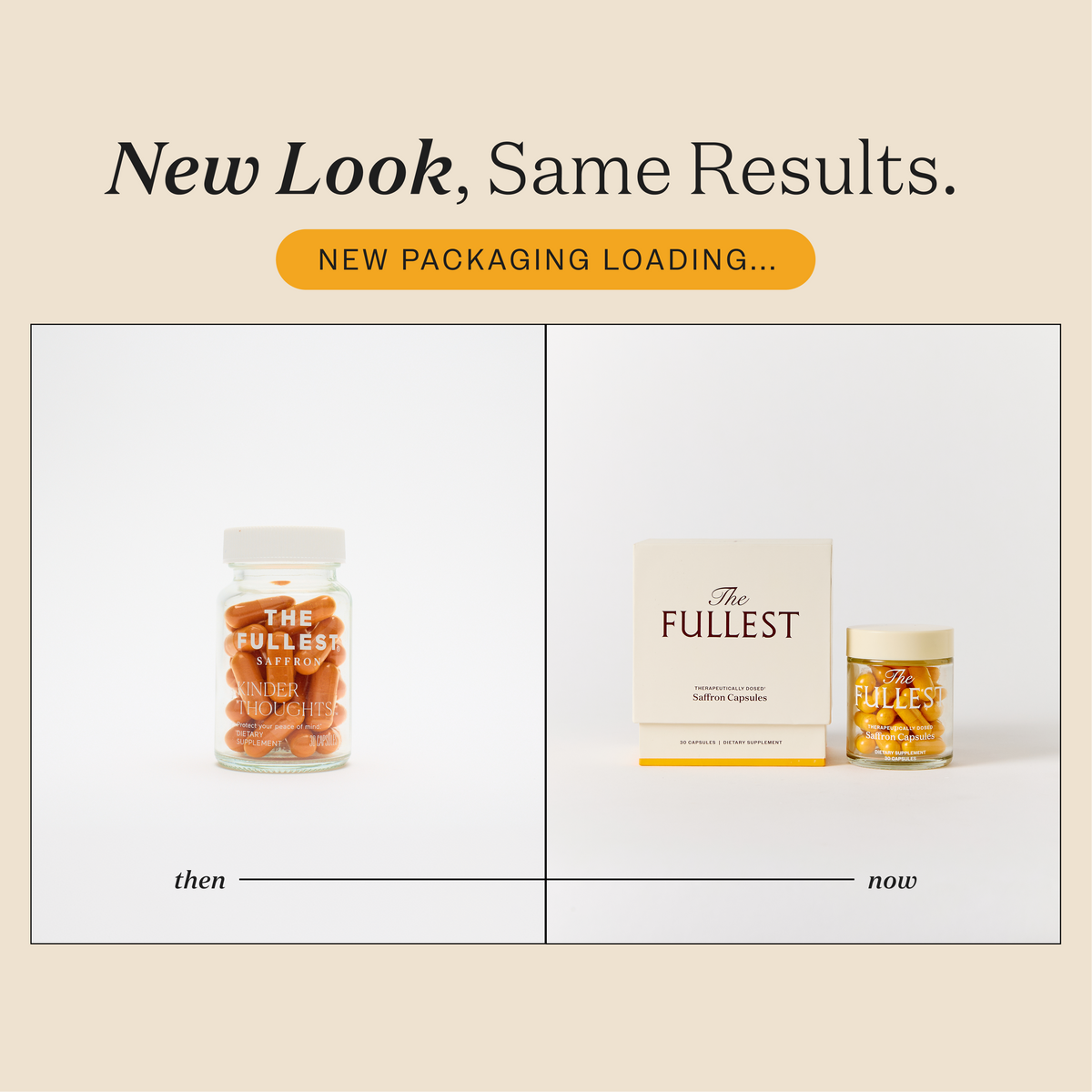 A comparison of THE FULLEST Saffron Capsules packaging, with a single glass jar labeled “then” on the left and a box next to a shorter glass jar labeled “now” on the right.