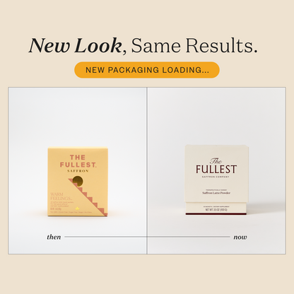 Side-by-side comparison of THE FULLEST Saffron Latte 10 Single-Serving Sachets old and new packaging with text, "New Look, Same Results. New Packaging Loading..." and labels "then" and "now" below—spotlighting your go-to caffeine-free mood support saffron latte.