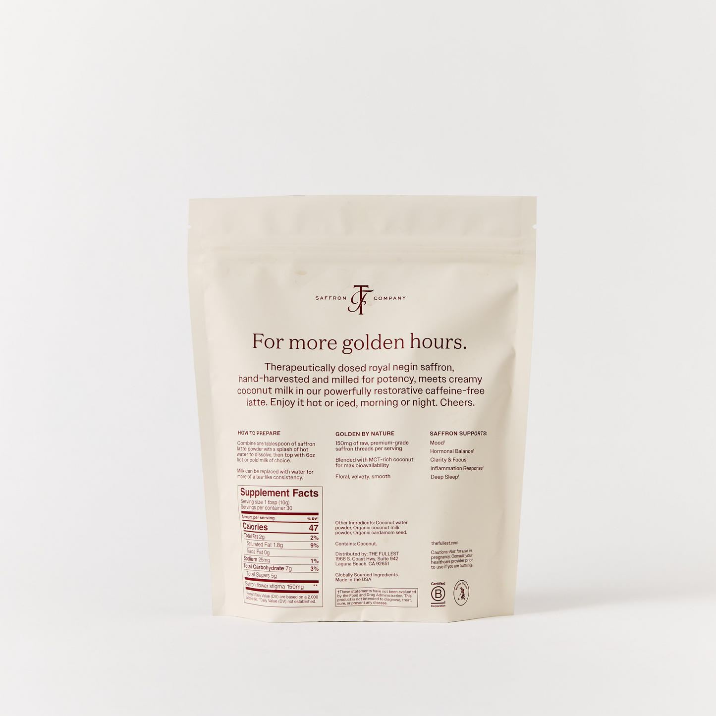 A white resealable pouch labeled "For more golden hours," featuring "Saffron Latte 30-Day Supply" by THE FULLEST, with product details, supplement facts, and usage instructions on the front—crafted to deliver the soothing benefits of a saffron latte for gentle mood support and anxiety relief.