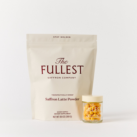 A beige pouch and a small jar, both labeled as part of the "Saffron Bundle" from THE FULLEST, are displayed on a plain light background, offering saffron supplements designed to support mood and restorative sleep.