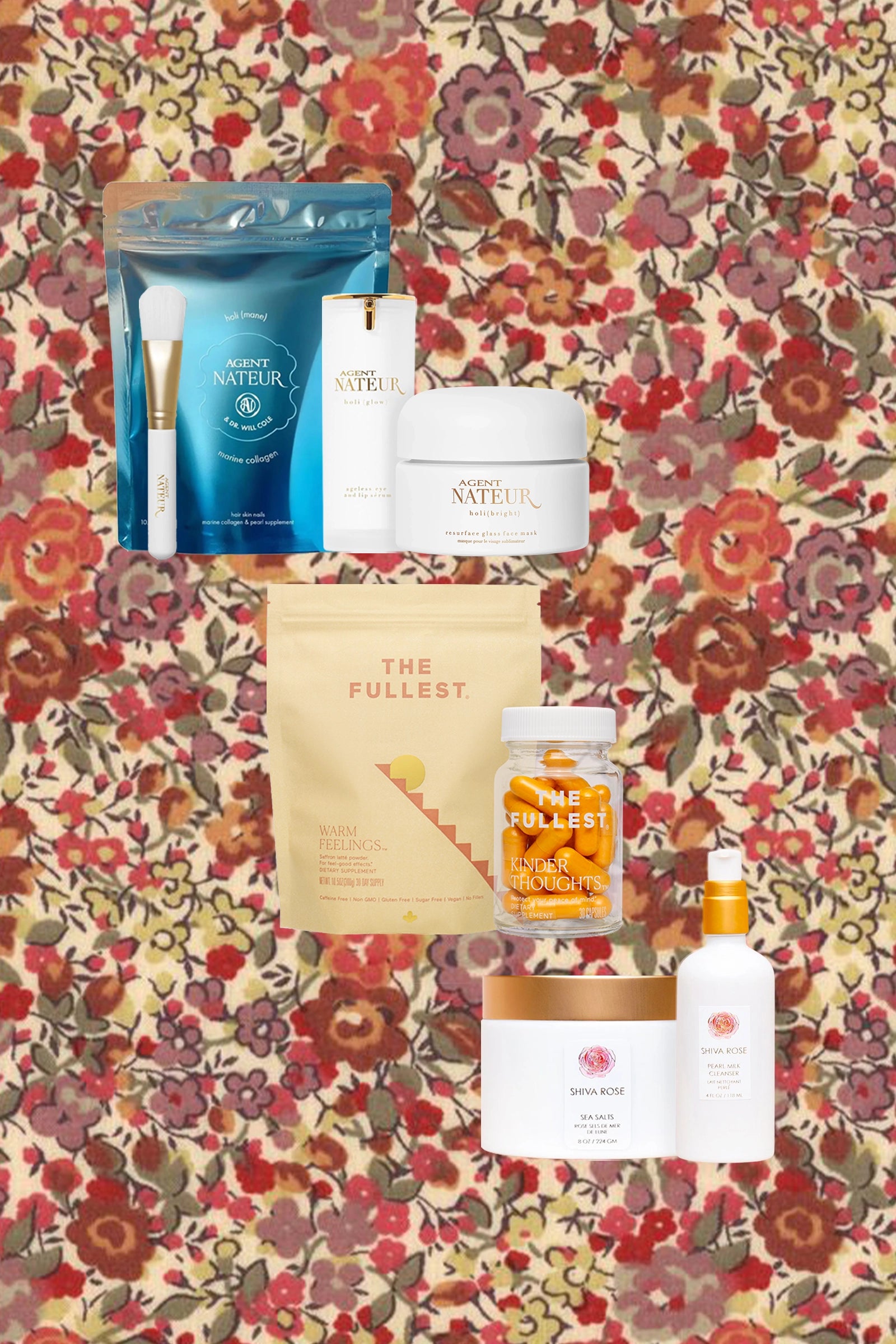 A selection of self-care products from Agent Nateur, THE FULLEST, and Shiva Rose displayed against a floral background for the Self Love Giveaway.