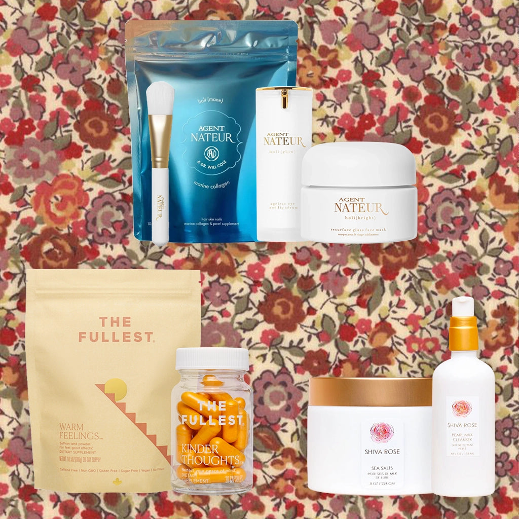 A selection of self-care products from Agent Nateur, THE FULLEST, and Shiva Rose displayed against a floral background for the Self Love Giveaway.