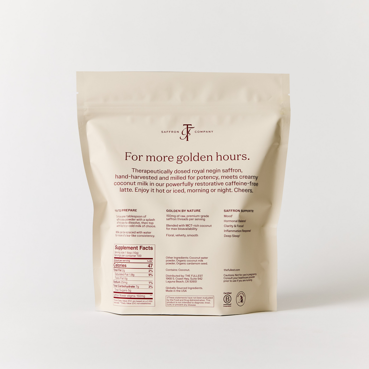 A beige resealable bag from THE FULLEST, labeled "For more golden hours," showcases the Saffron Latte 100-Day Supply—a caffeine-free blend with product details, preparation instructions, supplement facts, and ingredients—crafted as a natural mood booster.