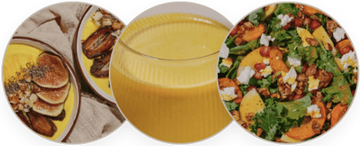 Three circular images show pancakes with fruit and nuts, a glass of yellow smoothie, and a salad with greens, sweet potatoes, goat cheese, and pomegranate seeds.