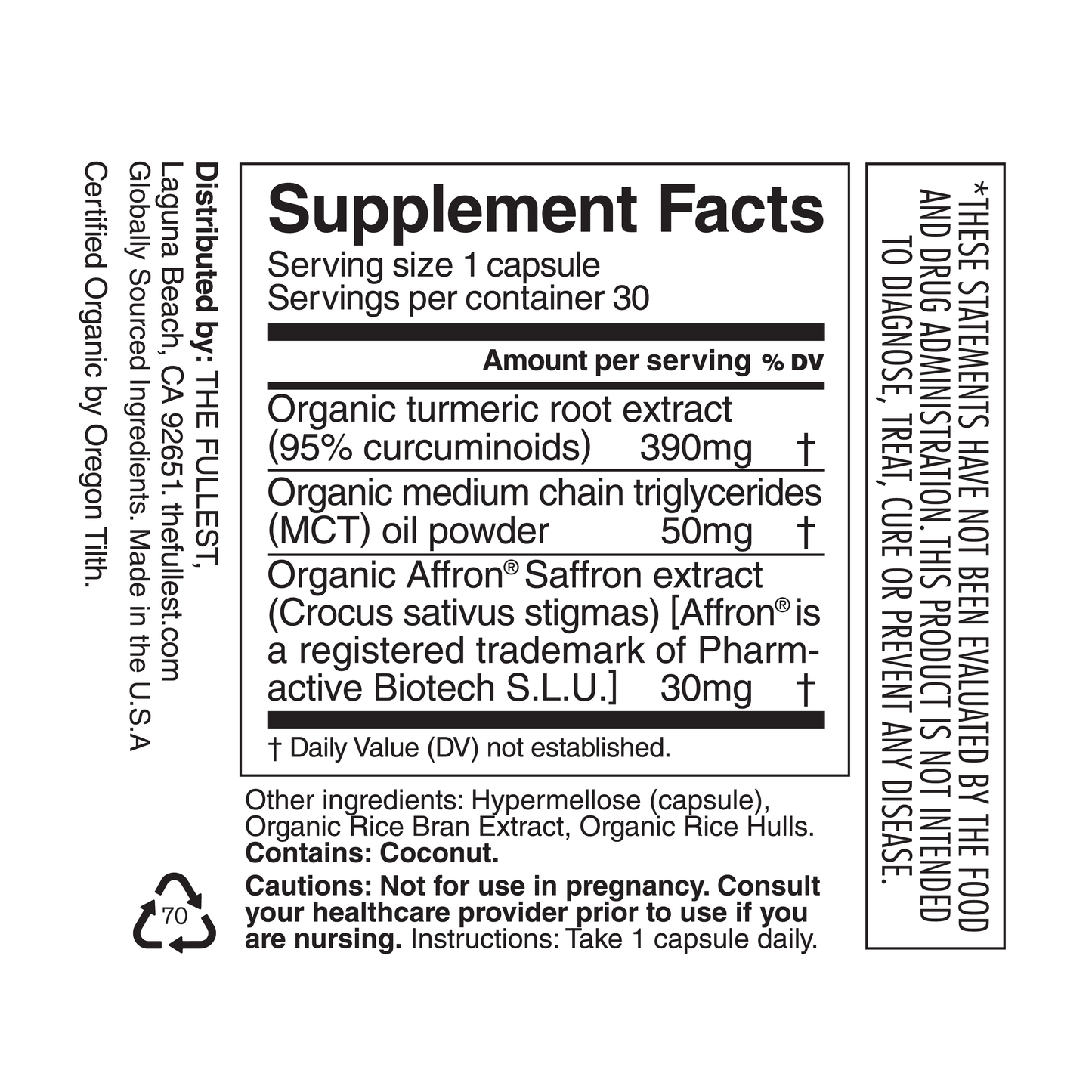 THE FULLEST Saffron Capsules label displays serving size, ingredients (organic turmeric, saffron extract, coconut oil), and advisories. It notes the product isn’t FDA evaluated for diagnosis or mood support.