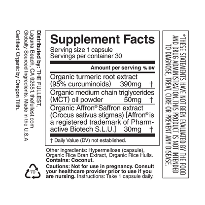 THE FULLEST Saffron Capsules label displays serving size, ingredients (organic turmeric, saffron extract, coconut oil), and advisories. It notes the product isn’t FDA evaluated for diagnosis or mood support.