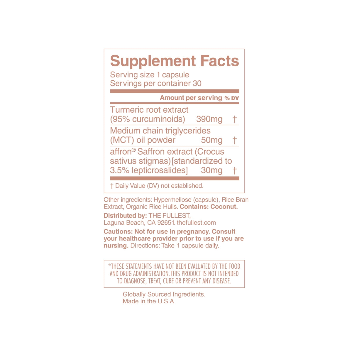Kinder Thoughts mood-boosting nutritional supplement label with serving size, ingredients, and manufacturer details by THE FULLEST.
