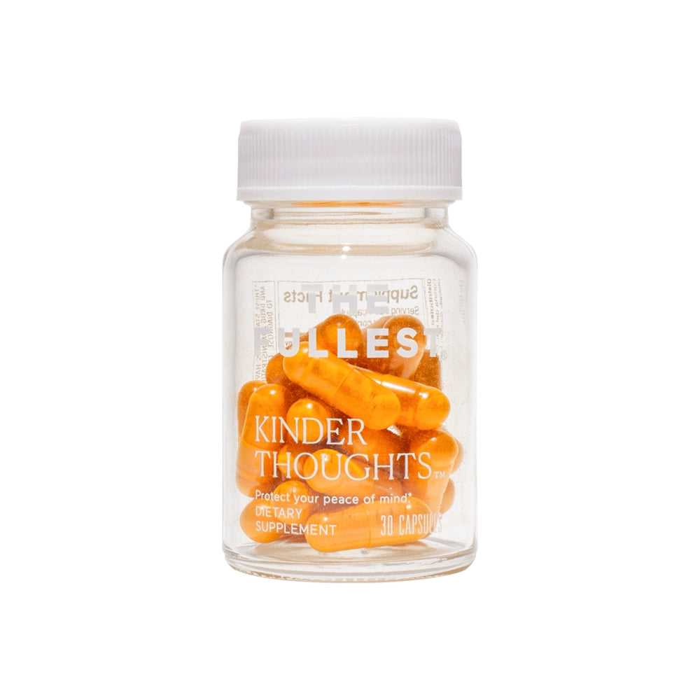 A clear bottle containing orange capsules with a label that reads &quot;Kinder Thoughts,&quot; described as a mood-boosting supplement for peace of mind by THE FULLEST.