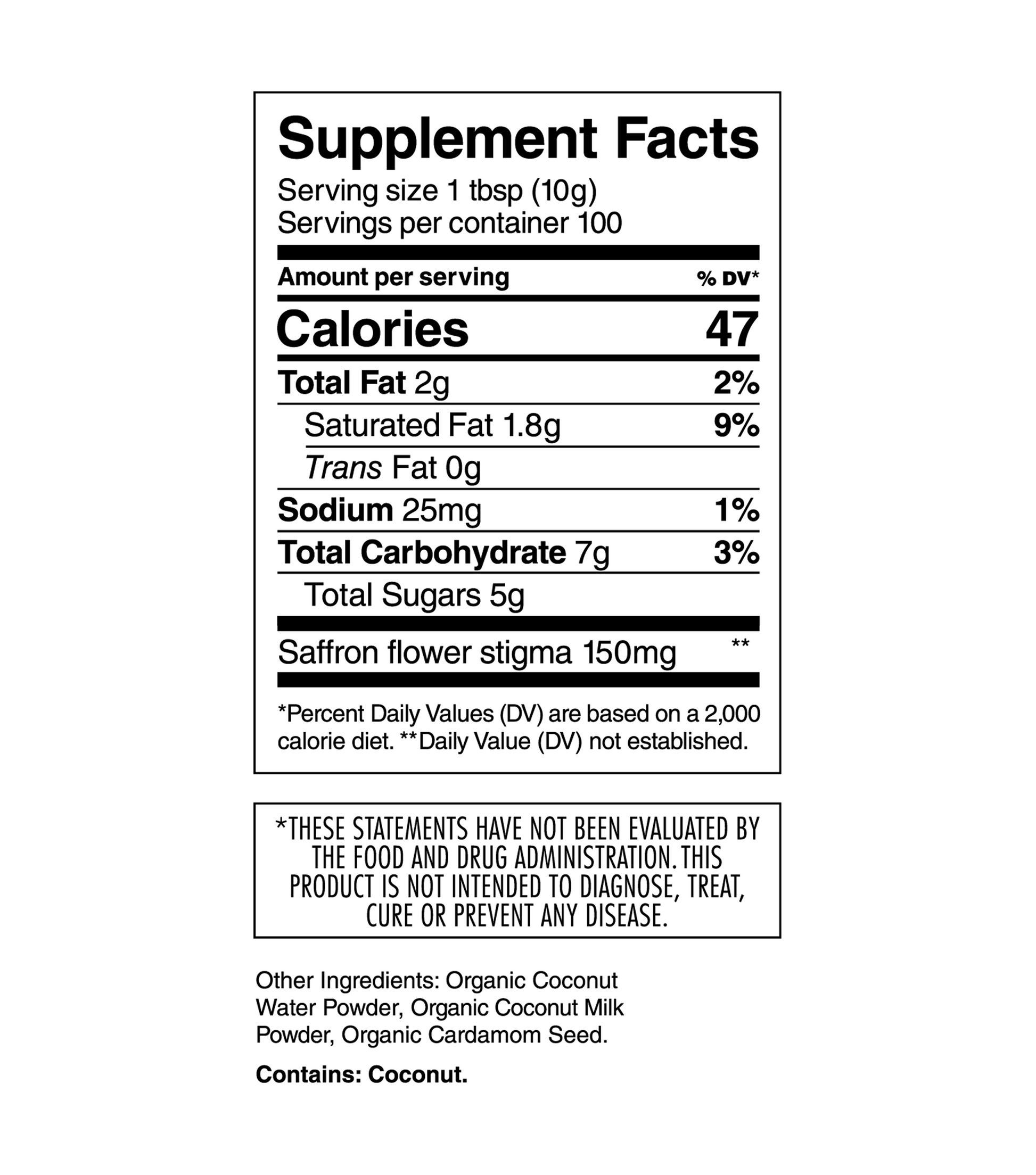 Supplement facts label for a saffron product, showing nutrition information, ingredients, and a disclaimer about FDA evaluation.