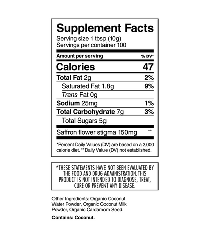 Supplement facts label for a saffron product, showing nutrition information, ingredients, and a disclaimer about FDA evaluation.