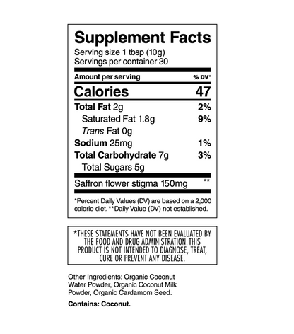 Supplement facts label for a product with serving size, calories, fat, carbs, sugar, saffron flower stigma, other ingredients, allergy info, and FDA disclaimer.